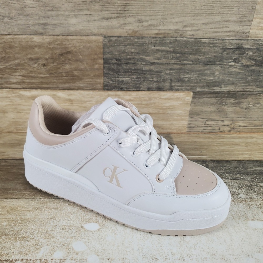Calvin Klein Aubrie Womens Shoes Sz 8.5 M White Beige Leather Lace Up Sneakers